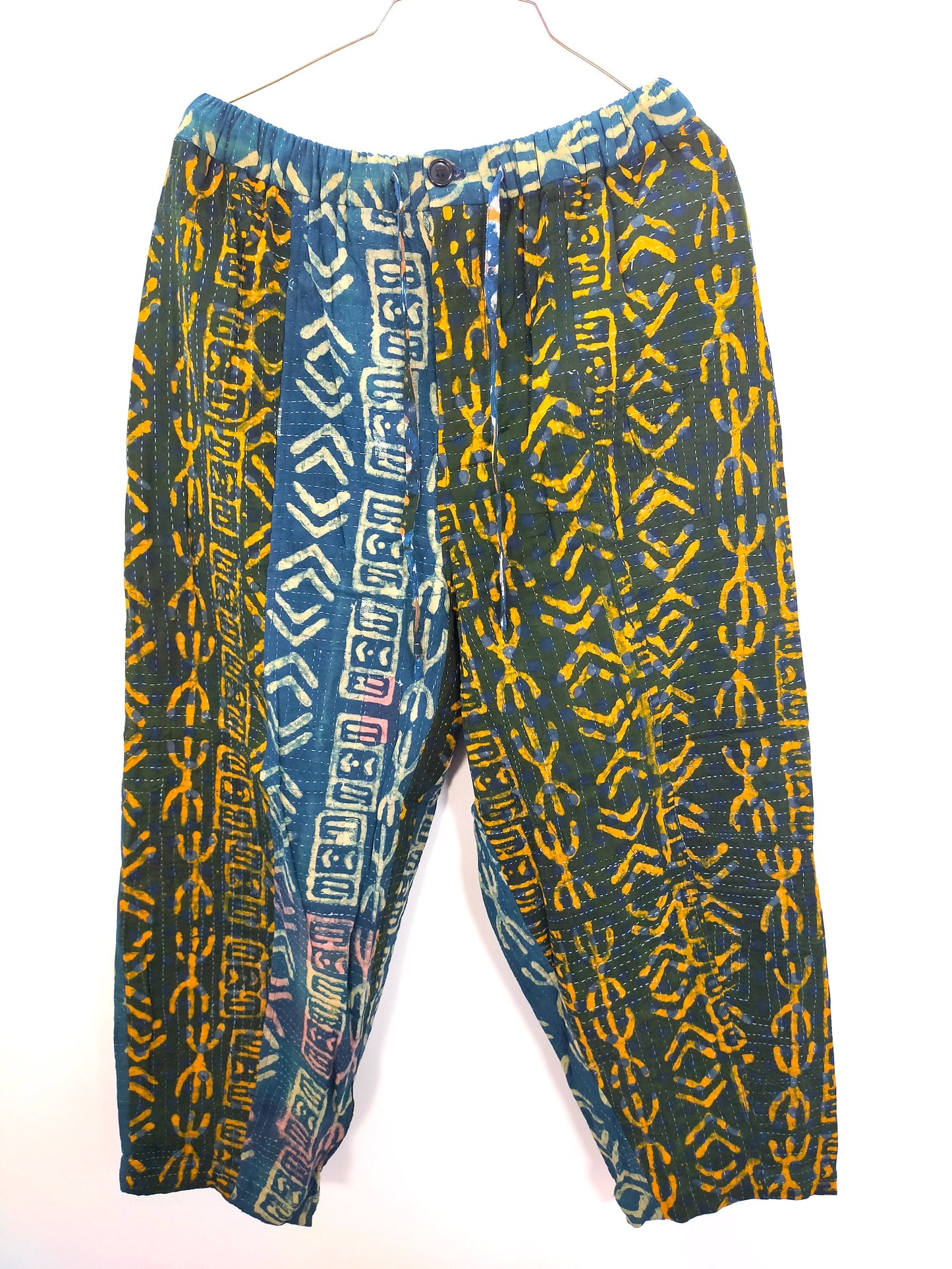 Vintage Cotton Kantha Pants With Elasticated Waist, Over-dyed and Block Printed in Natural Indigo - Comfy Trousers
