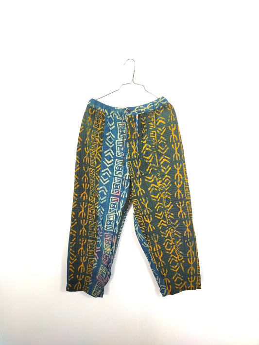 Vintage Cotton Kantha Pants With Elasticated Waist, Over-dyed and Block Printed in Natural Indigo - Comfy Trousers