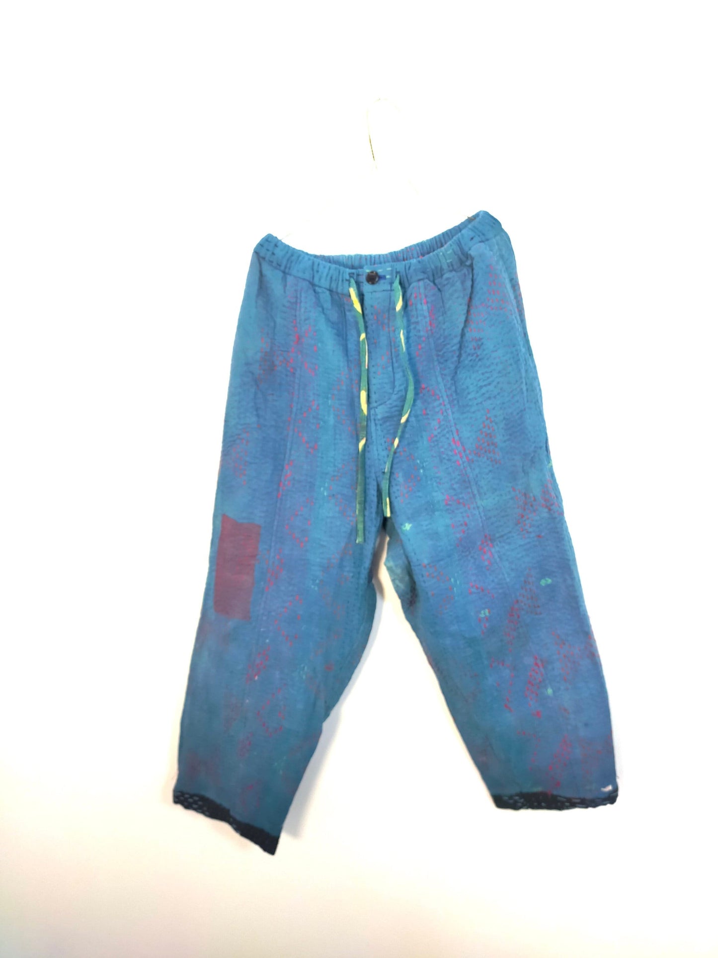 Vintage Cotton Kantha Trousers With Elasticated Waist, Over-dyed and Block Printed in Natural Indigo