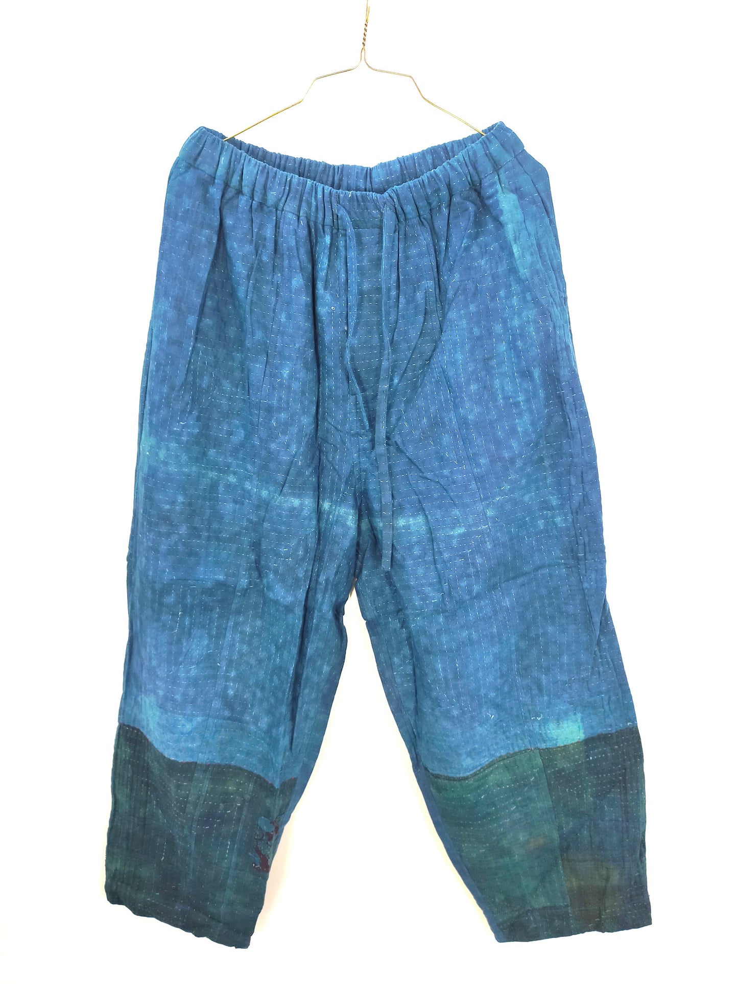 Handmade With Vintage Cotton Kantha Elasticated Trousers Pants, Over-dyed With Natural Indigo.