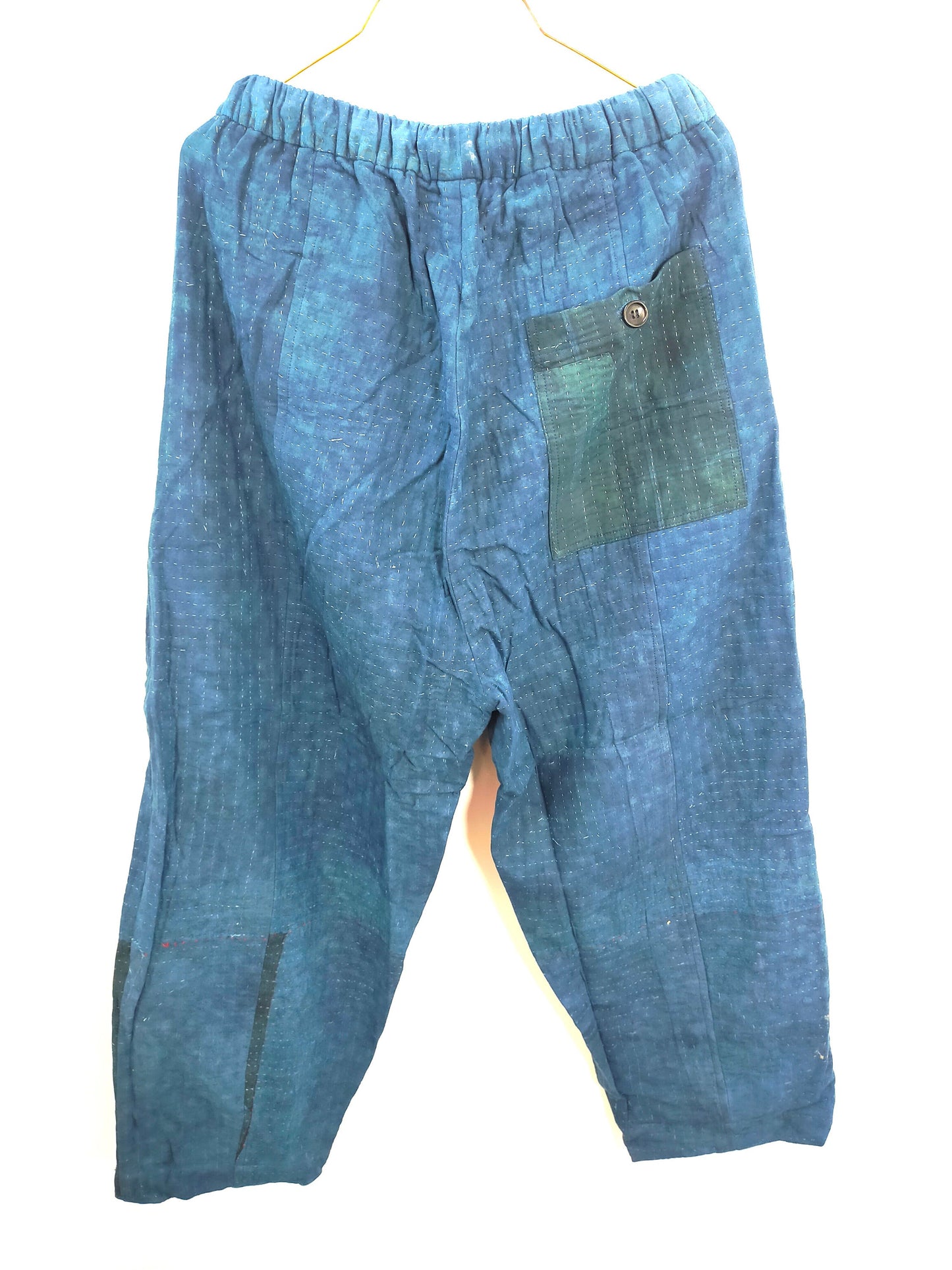 Handmade With Vintage Cotton Kantha Elasticated Trousers Pants, Over-dyed With Natural Indigo.