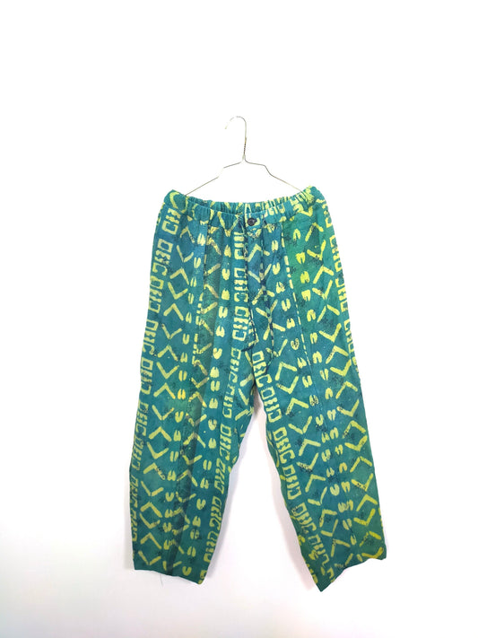 Vintage Cotton Kantha Elasticated Trousers Pants, Overdyed And Block Printed With Natural Indigo Green And Blue