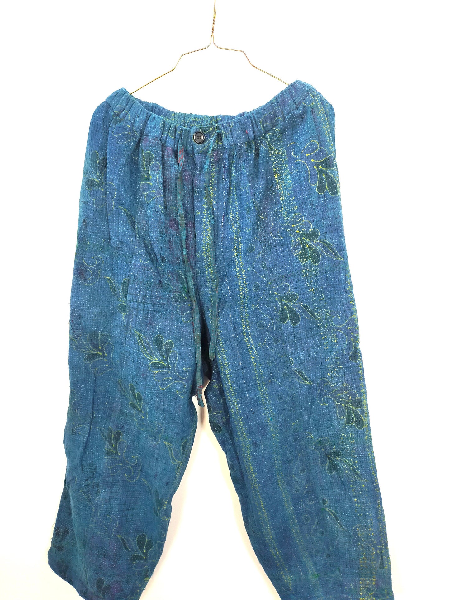 Vintage Cotton Hand-Stitched Kantha Elasticated Trousers, Over-dyed in Natural Indigo