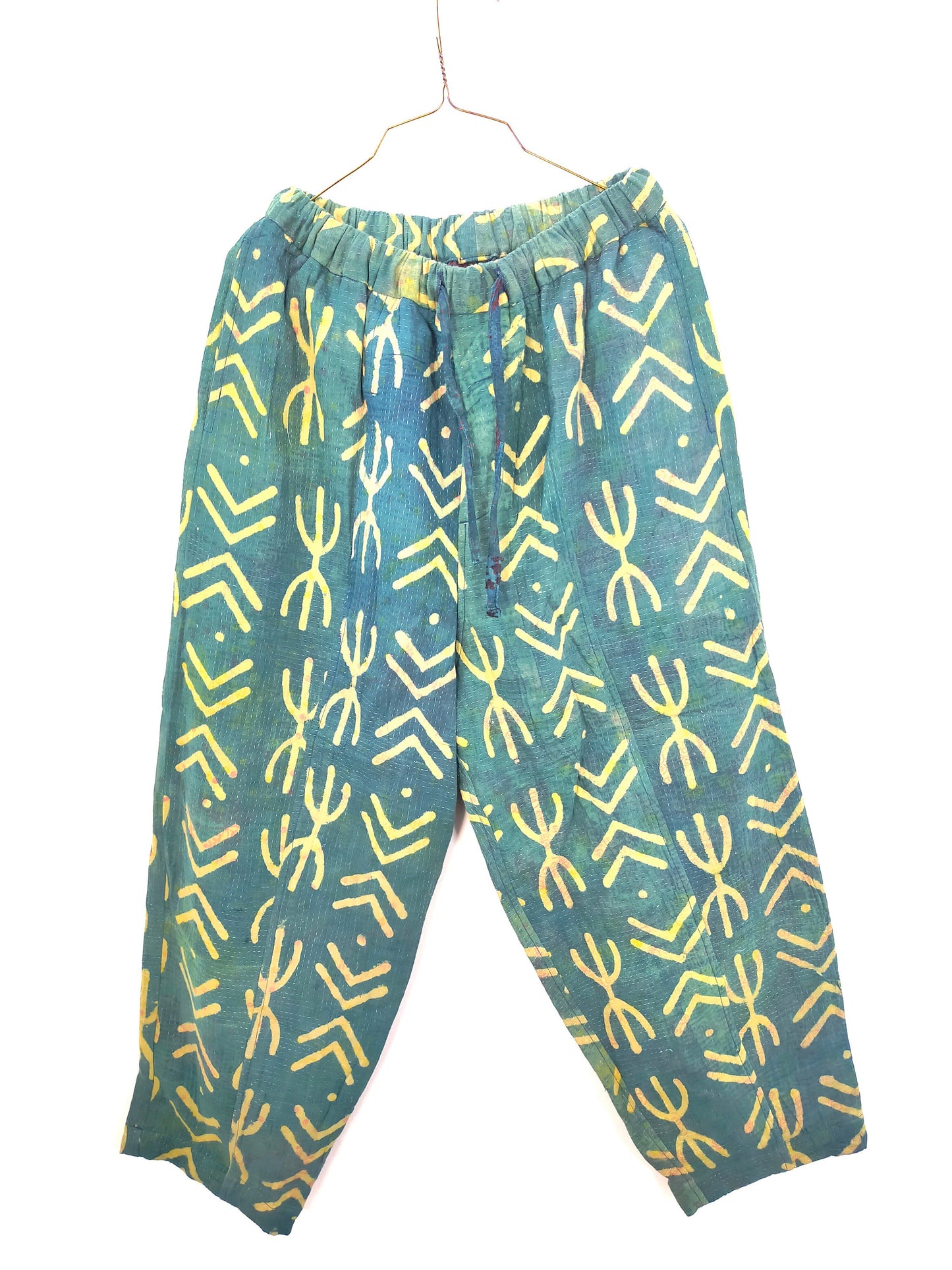 Vintage Cotton Hand Stitched Kantha Elasticated Trousers Pants, Over-dyed and Block Printed in Natural Indigo