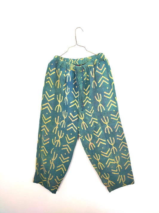Vintage Cotton Hand Stitched Kantha Elasticated Trousers Pants, Over-dyed and Block Printed in Natural Indigo