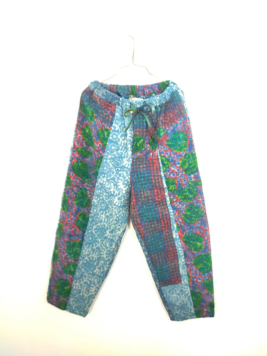 Vintage Cotton Kantha Elasticated Patchwork Trousers Pants, Overdyed  With Natural Indigo