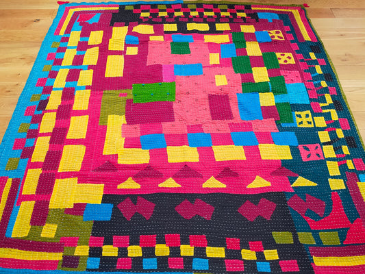 Siddi Tribal Patchwork Kantha Kawandi Quilted Blanket Made With Recycled Cotton In India Double Bed