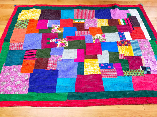 Siddi Tribal Patchwork Kantha Kawandi Quilted Blanket Made With Recycled Cotton In Karnataka, India