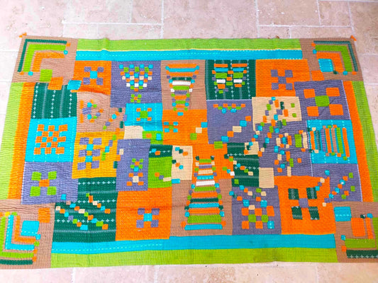Siddi Tribal Patchwork Kawandi Kavand Single Quilted Kantha Blanket From India Green Orange