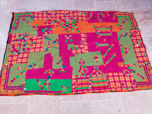 Siddi Tribal Patchwork Kantha Kawandi Kavand Quilted Blanket Made With Recycled Cotton In India - Pink Green And Orange