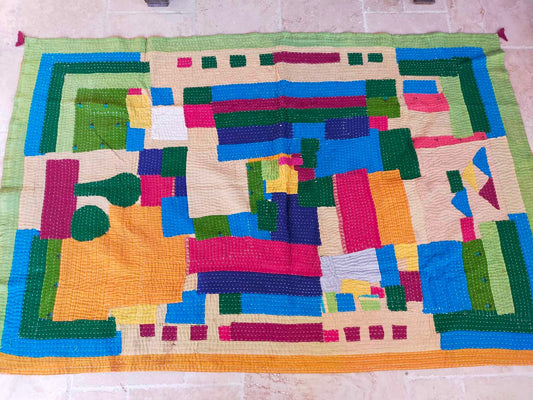 Siddi Tribal Patchwork Kawandi Kavand Single Quilted Kantha Blanket From India - Single Bed