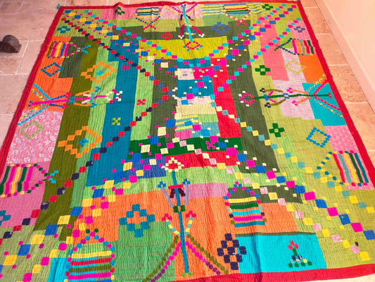 Siddi Tribal Patchwork Kantha Kawandi Quilted Blanket Made With Recycled Cotton In India Large And Heavy