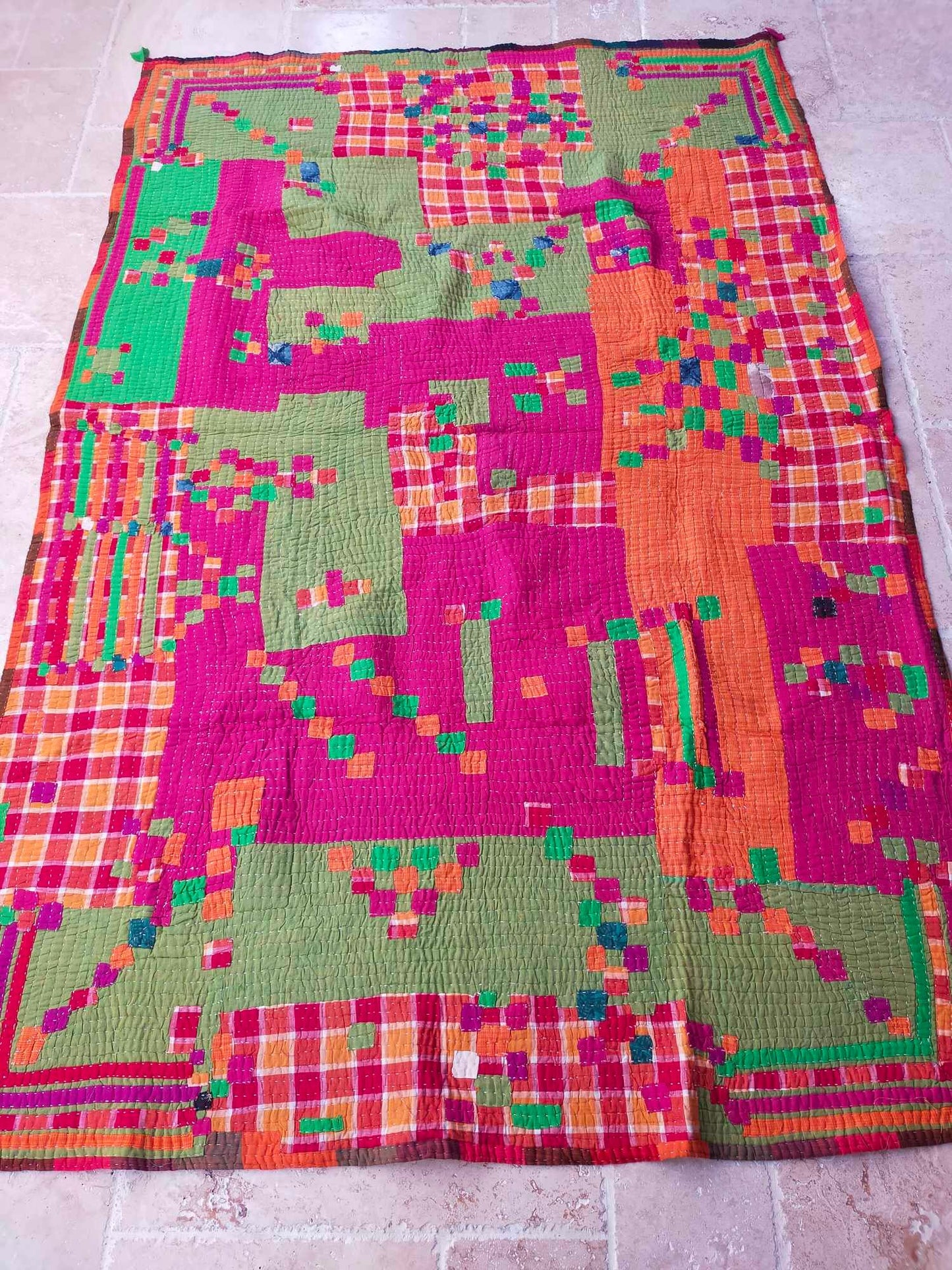 Siddi Tribal Patchwork Kantha Kawandi Kavand Quilted Blanket Made With Recycled Cotton In India - Pink Green And Orange