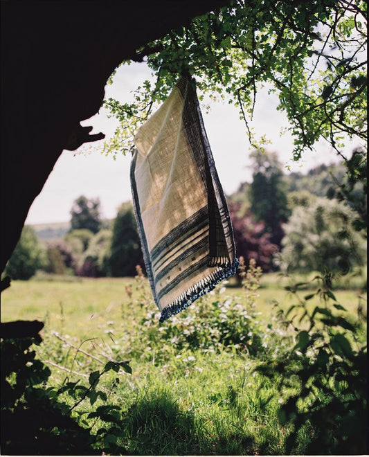 Handwoven Desi Wool (indian wool) Indigo Shawls/Throws From Kutch Gujarat Cream And Indigo