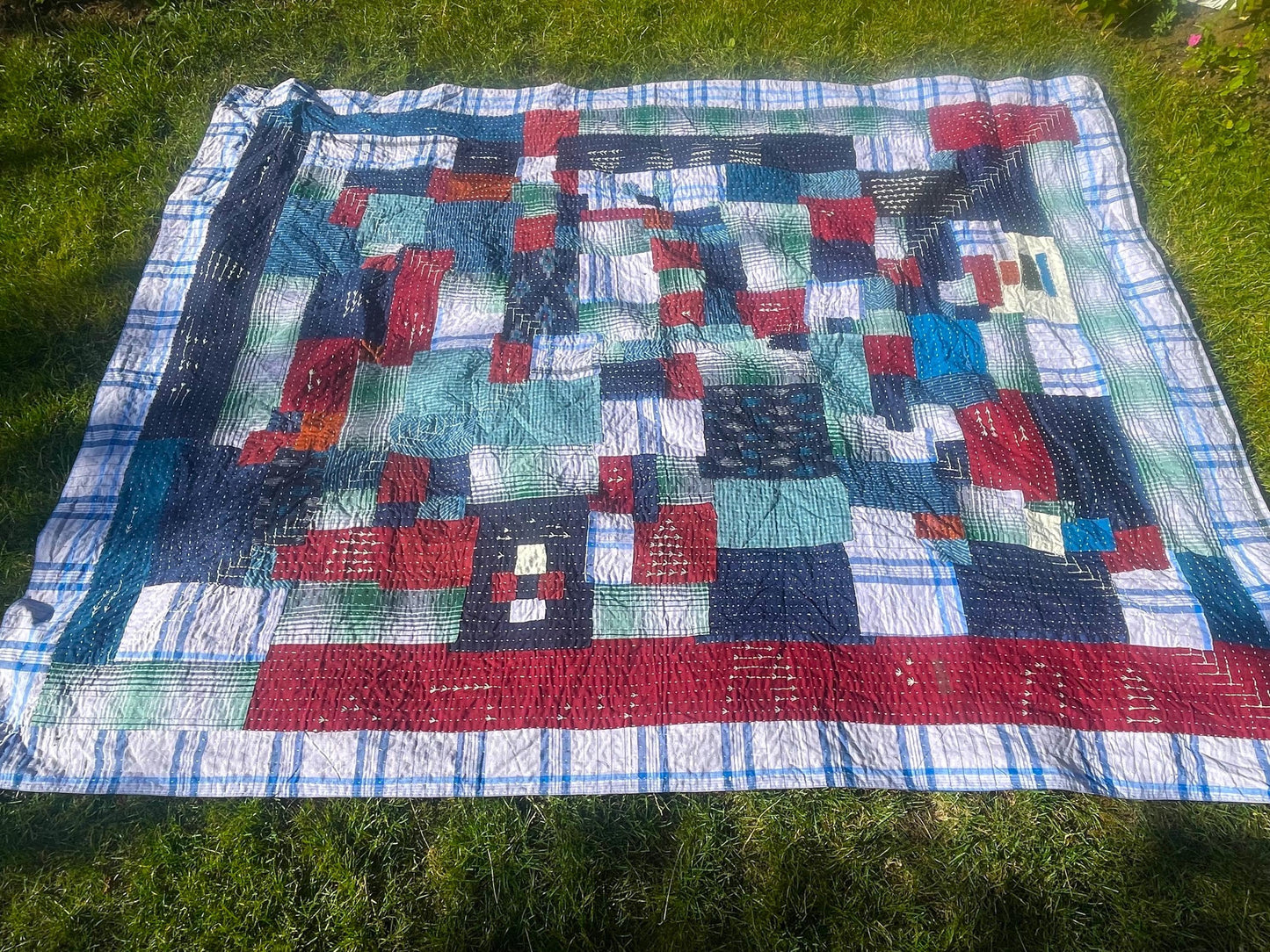 Hand-Stitched Naturally Dyed Godhari Kantha Patchwork Quilt From Maharashtra Made From Recycled Cotton