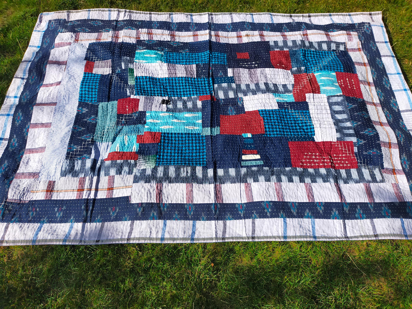 Hand-Stitched Naturally Dyed Godhari Kantha Patchwork Quilt From Maharashtra Made From Cotton Offcuts